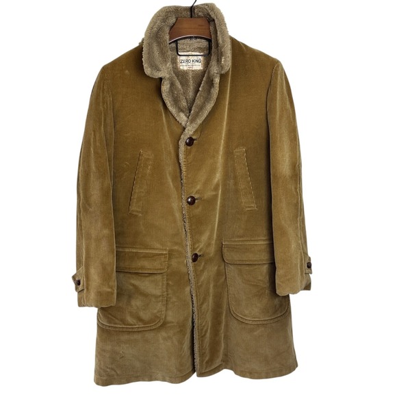 ZERO KING Vintage Brown Corduroy Faux Fur Collar Long Coat Men's Size 44L Rare‎